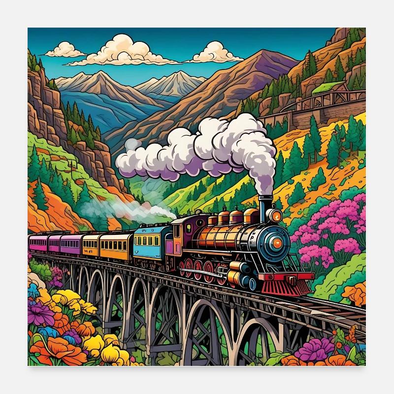 Nostalgischer Eisenbahnzug mit Dampflok auf Brücke Poster 60x60 cm