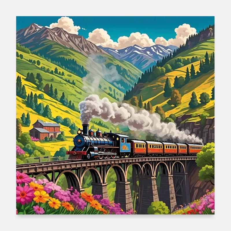 Nostalgischer Eisenbahnzug mit Dampflok auf Brücke Poster 60x60 cm