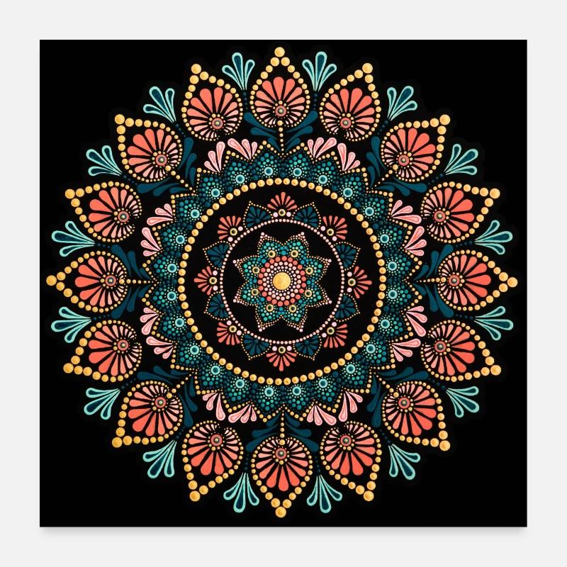 Peinture Mandala Corail et Bleu Poster 60 x 60 cm