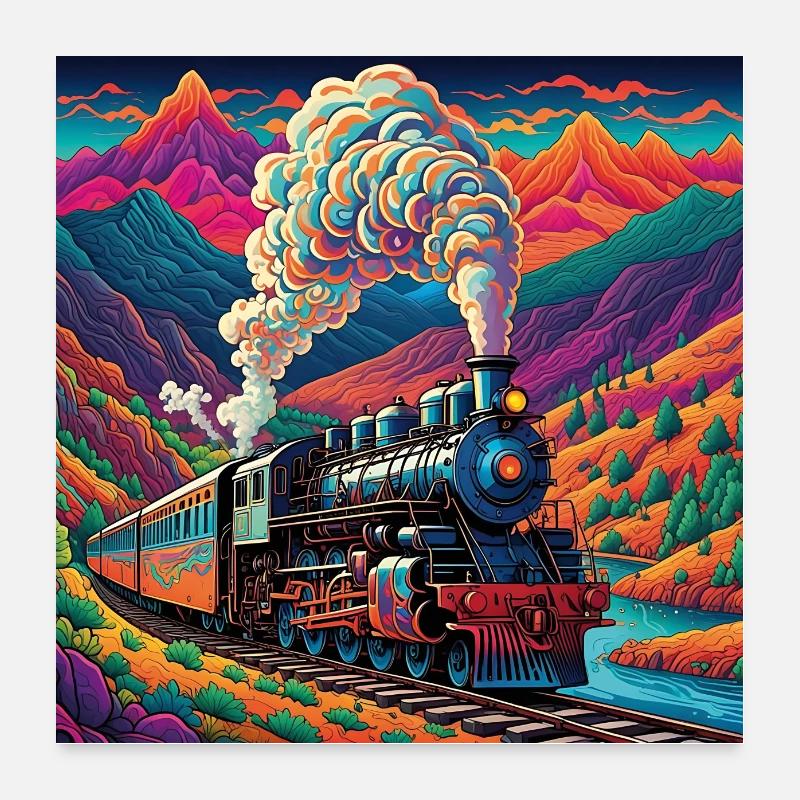 Train de chemin de fer nostalgique coloré avec locomotive à vapeur Poster 60 x 60 cm