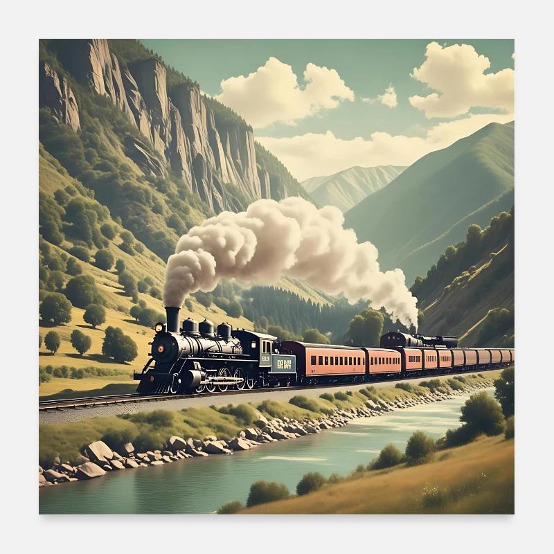 Bunter Nostalgie Eisenbahnzug mit Dampflok Poster 60x60 cm