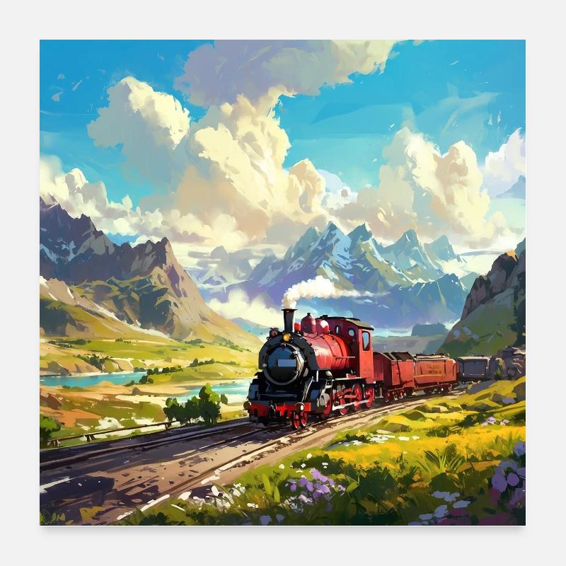Nostalgie Eisenbahn Dampflokomotive mit Waggons Poster 60x60 cm