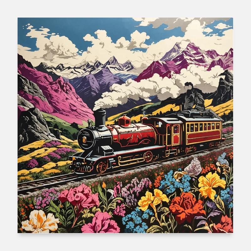 Locomotive nostalgique colorée avec wagon Poster 60 x 60 cm