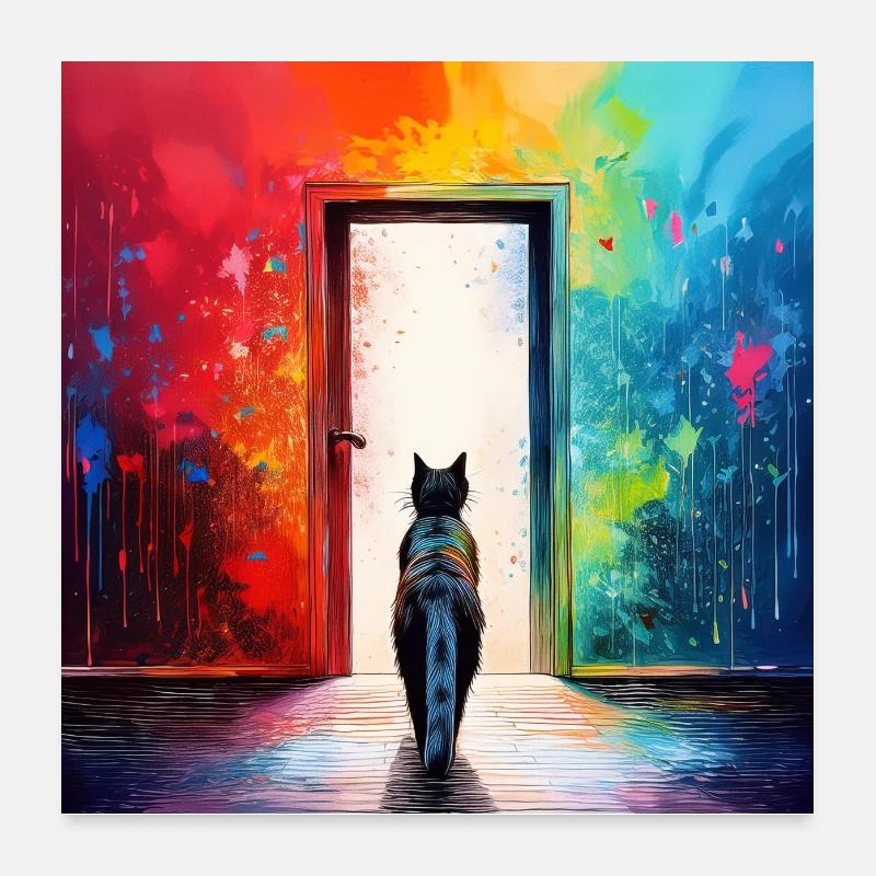 Un chat devant une porte vitrée Poster 60 x 60 cm