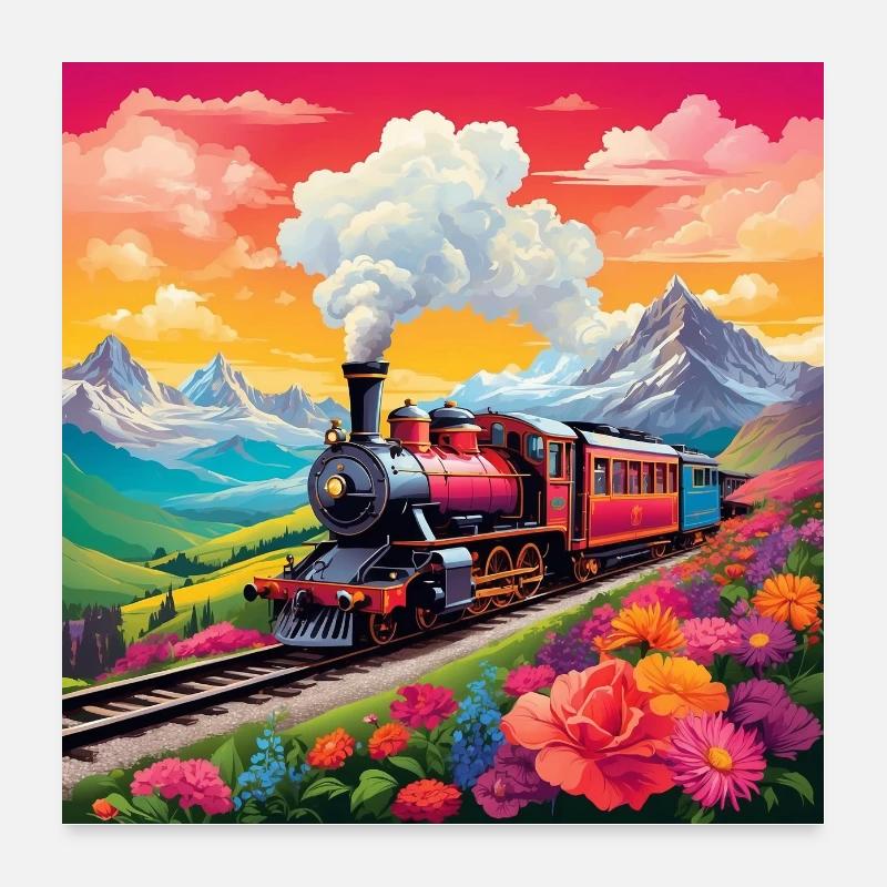 Alte nostalgische Dampflokomotive mit Waggons Poster 60x60 cm