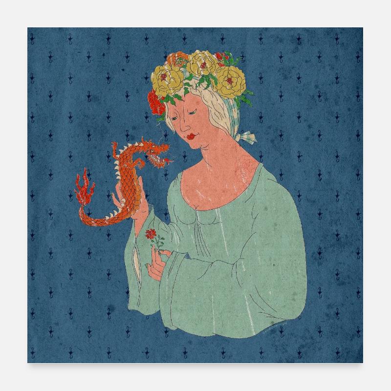 Petit dragon amoureux de la fée des fleurs Poster 60 x 60 cm