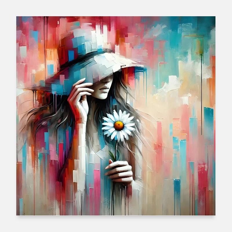 Frau mit Blume - Poster 60x60 cm - Weiß