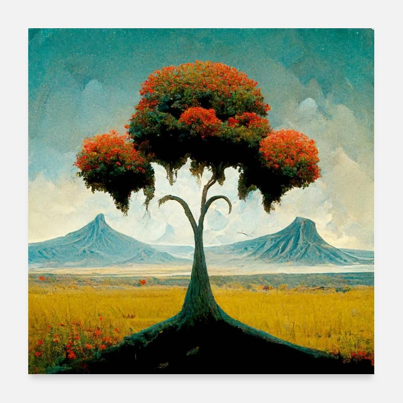 Surrreal Landscape Tree Solitude Mountains Poster 24" x 24" (60x60 cm)