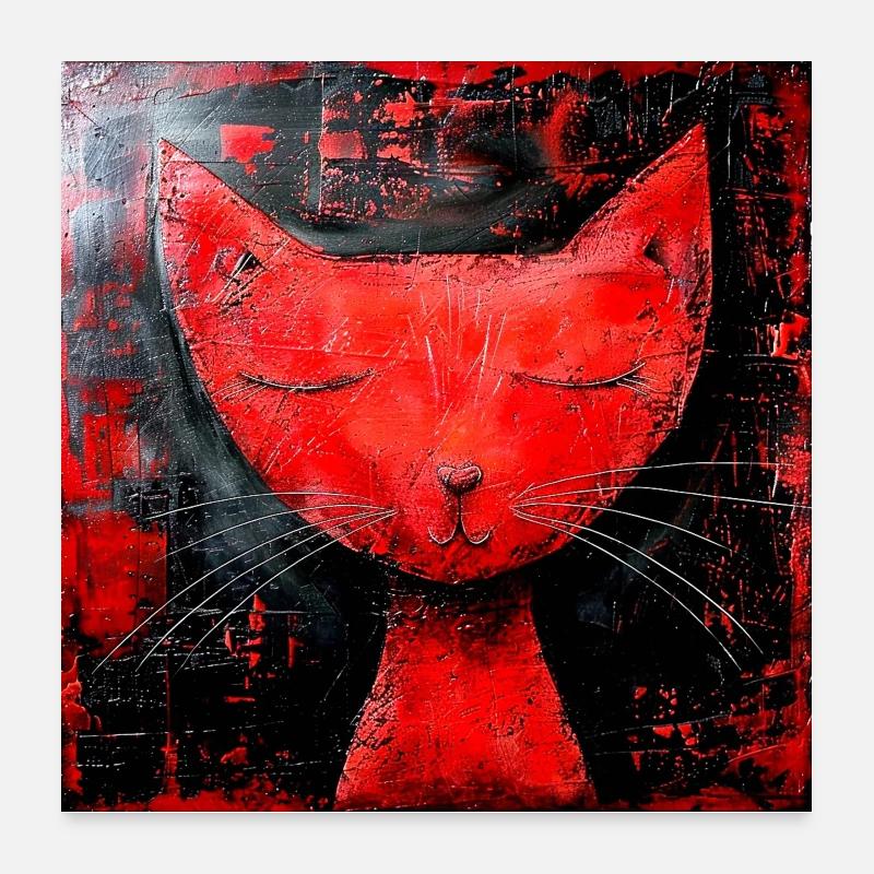 Red Cat Graphic Stylized Abstract Relaxation Room Poster 24" x 24" (60x60 cm)