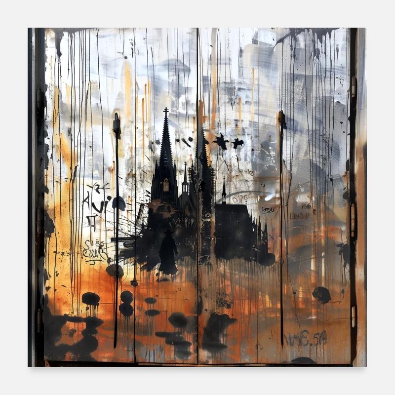 Graffiti Cologne Cathedral Silhouette Rusty Background Poster 24" x 24" (60x60 cm)