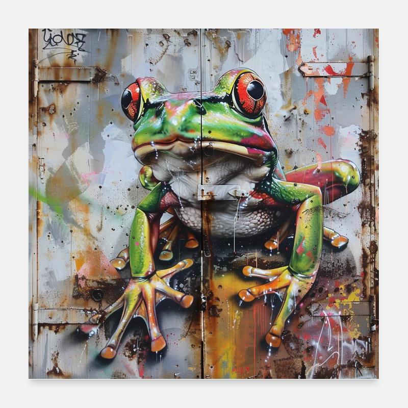 Graffiti grenouille verte surface rouillée Poster 60 x 60 cm