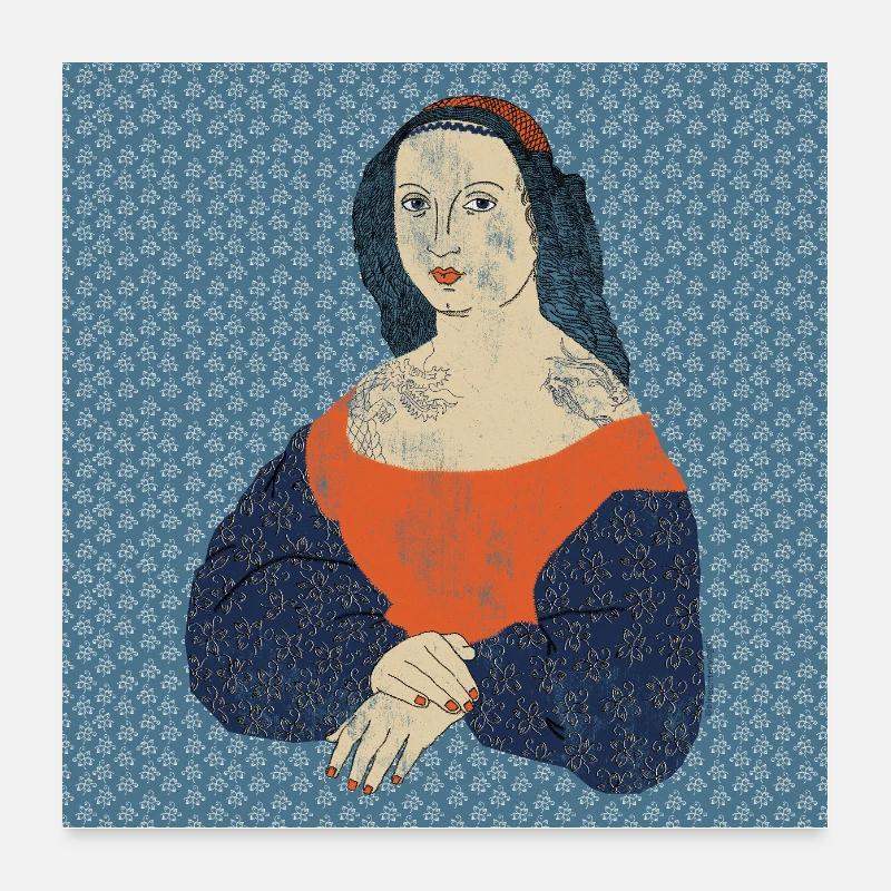 Frau im Portrait mit Blumenmuster und Tattoos - Poster 60x60 cm - Weiß