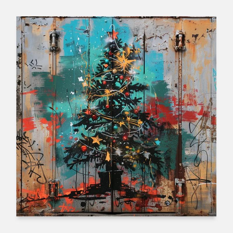 Graffiti Xmas Tree Rust Metal Urban Container Door Poster 24" x 24" (60x60 cm)