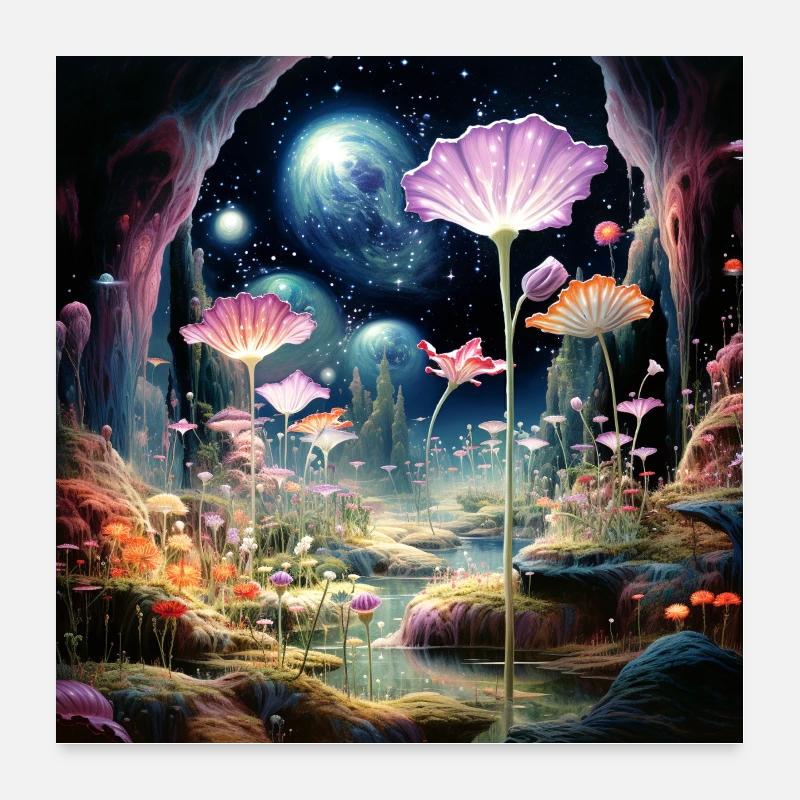 Kosmische Blüten im Sternenwald Poster 60x60 cm
