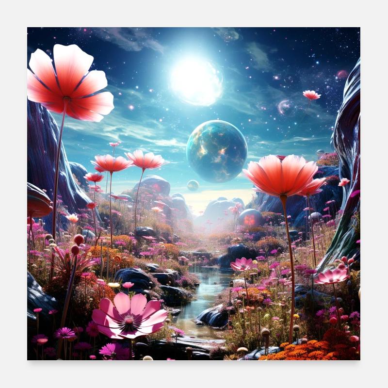 Monde lointain de fleurs dans le ciel étoilé Poster 60 x 60 cm