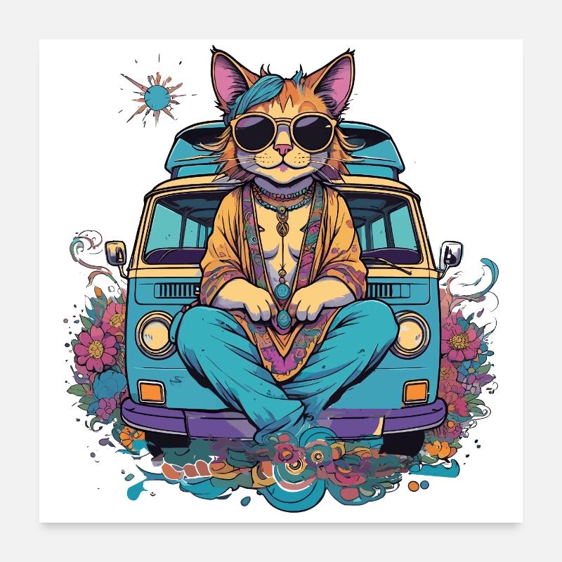 Chat hippie en vacances dans un van, humour Poster 60 x 60 cm
