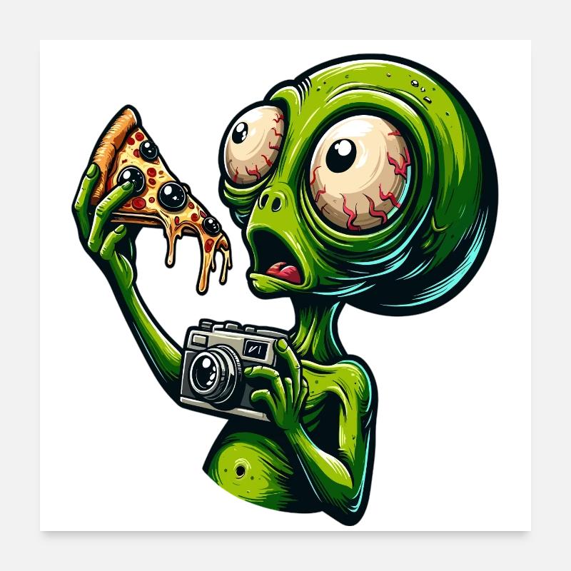 Alien mit Pizza und Kamera Poster 60x60 cm