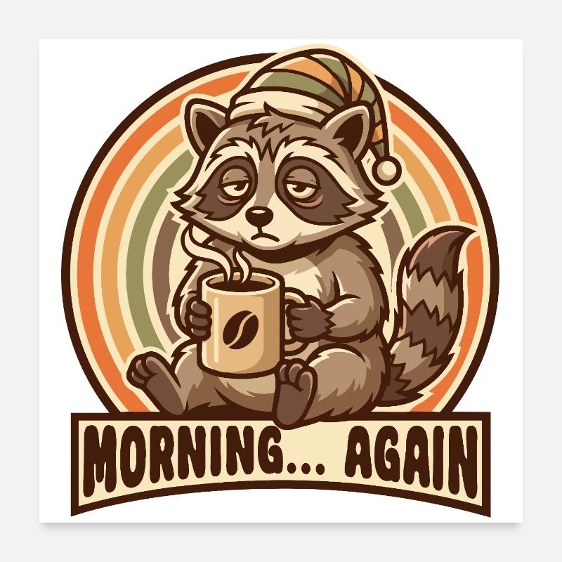 Morgenmuffel Waschbär mit Kaffee Poster 60 x 60 cm
