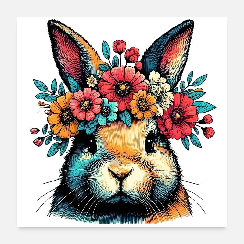 Lapin avec des fleurs - Poster 60 x 60 cm - blanc