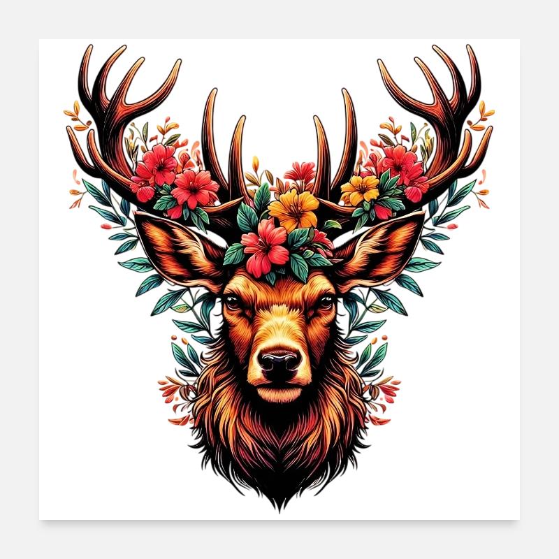 Hirsch mit Blumen Poster 60x60 cm