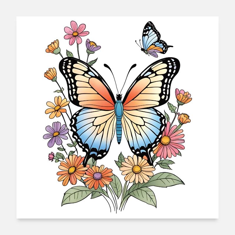 Papillon coloré dans une mer de fleurs Poster 60 x 60 cm