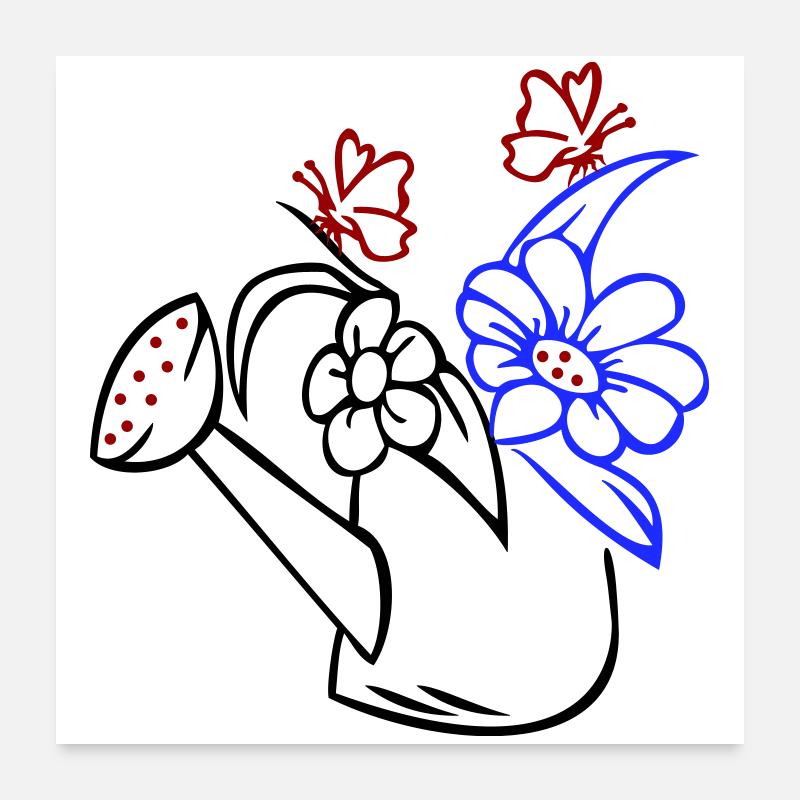 Arrosoir avec des fleurs et des papillons Poster 60 x 60 cm
