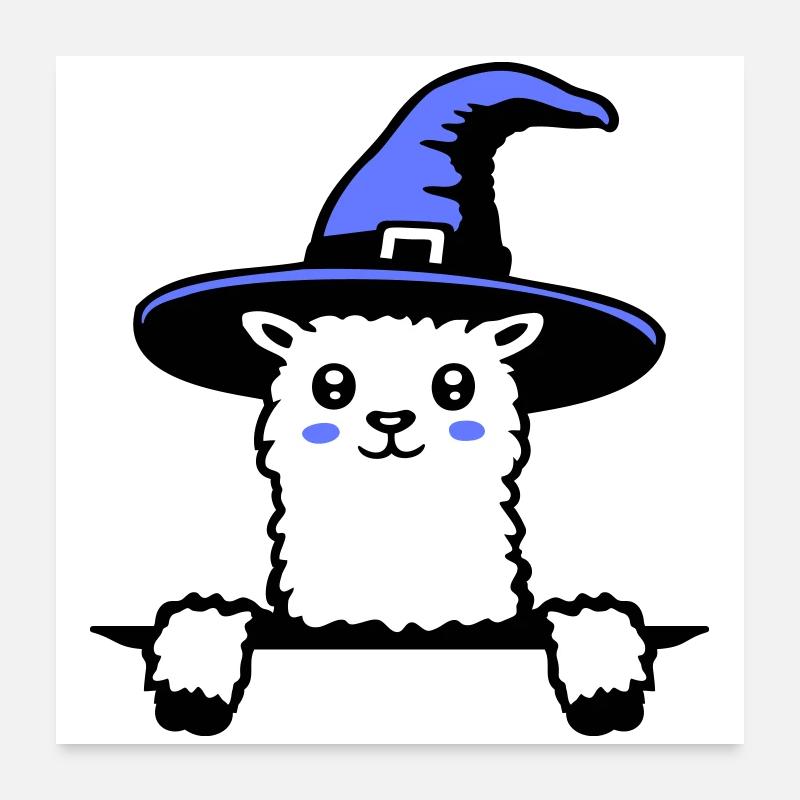 Lama Sorcier Mignon Look Chapeau de Sorcière Magique Mignon Poster 60 x 60 cm