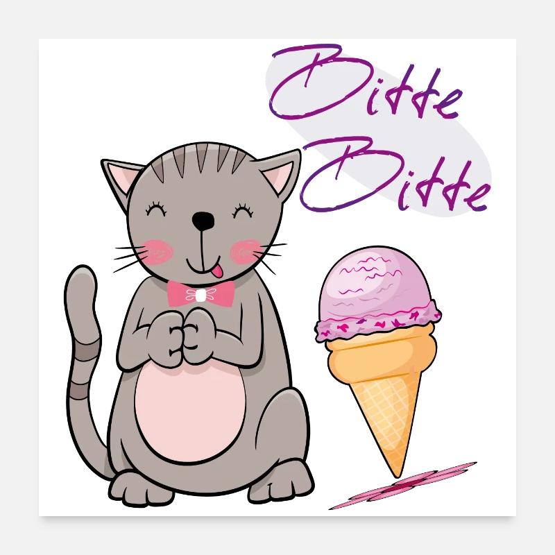 Katze mit Eistüte - Poster 60x60 cm - Weiß