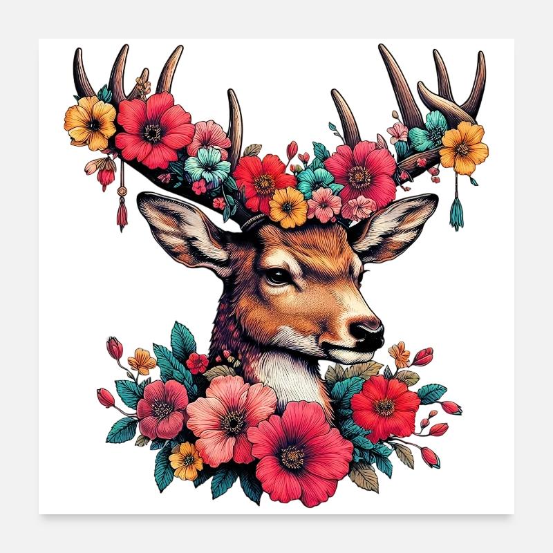 Cerf avec des fleurs Poster 60 x 60 cm