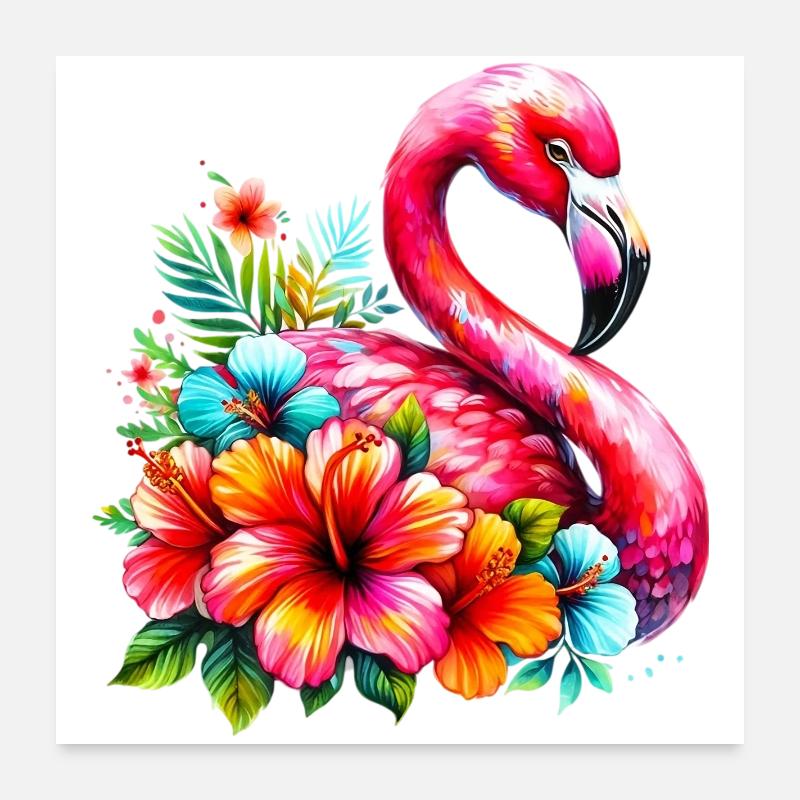 Flamant rose décoré de fleurs d’hibiscus Poster 60 x 60 cm