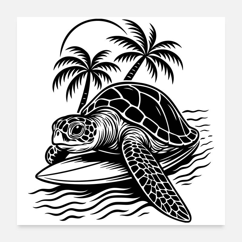Surfende Schildkröte - Tropisches Stranddesign Poster 60x60 cm