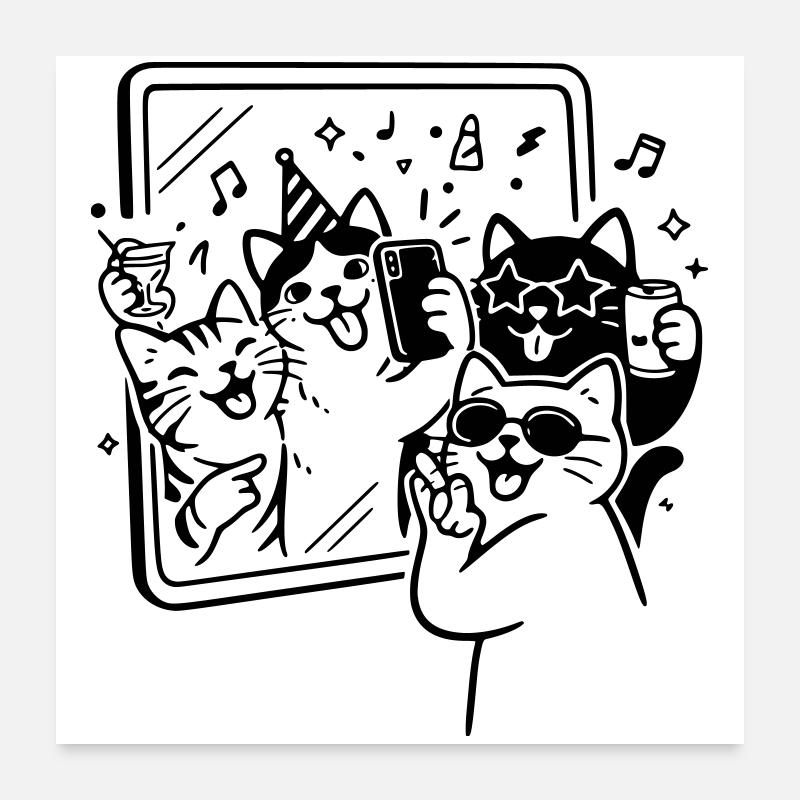 Selfie de fête avec des chats devant le miroir Poster 60 x 60 cm