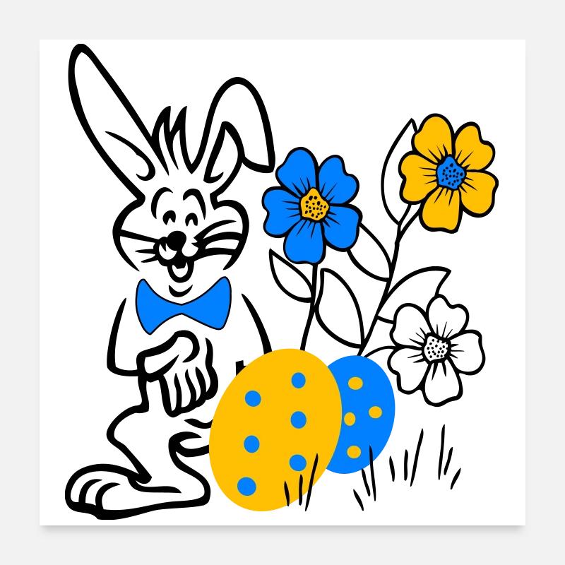 Hase mit Ostereier und Blumen - Poster 60x60 cm - Weiß