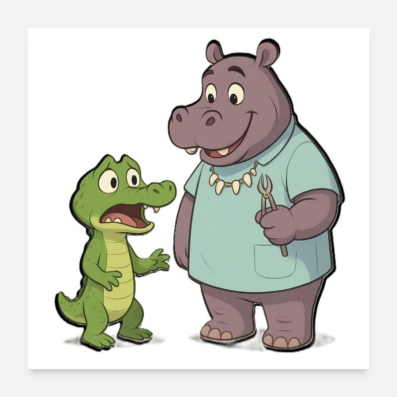 Nilpferd-Zahnarzt und Krokodil-Abenteuer Poster 60x60 cm