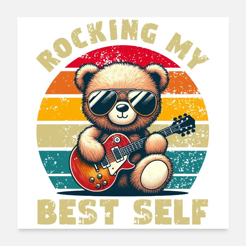 Teddybär mit Sonnenbrille und E-Gitarre Distressed Poster 60x60 cm