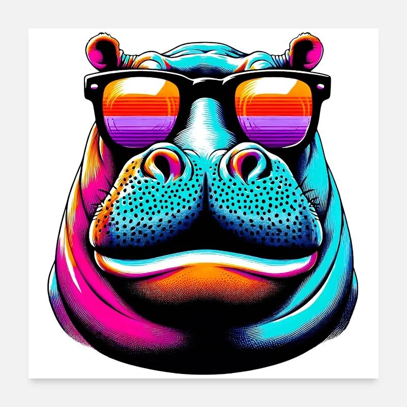 Nilpferd mit Sonnenbrille - Poster 60x60 cm - Weiß