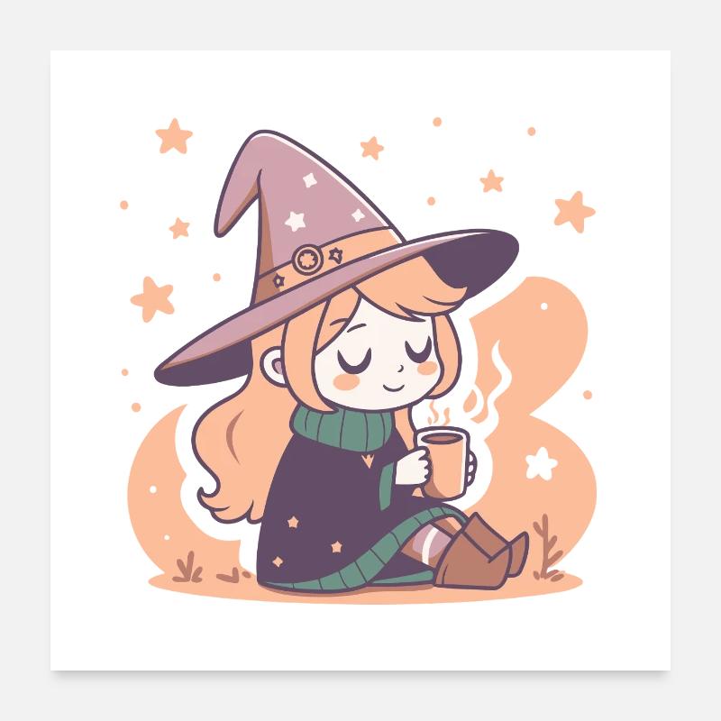 Sorcière mignone douillette et thé kawaii Poster 60 x 60 cm