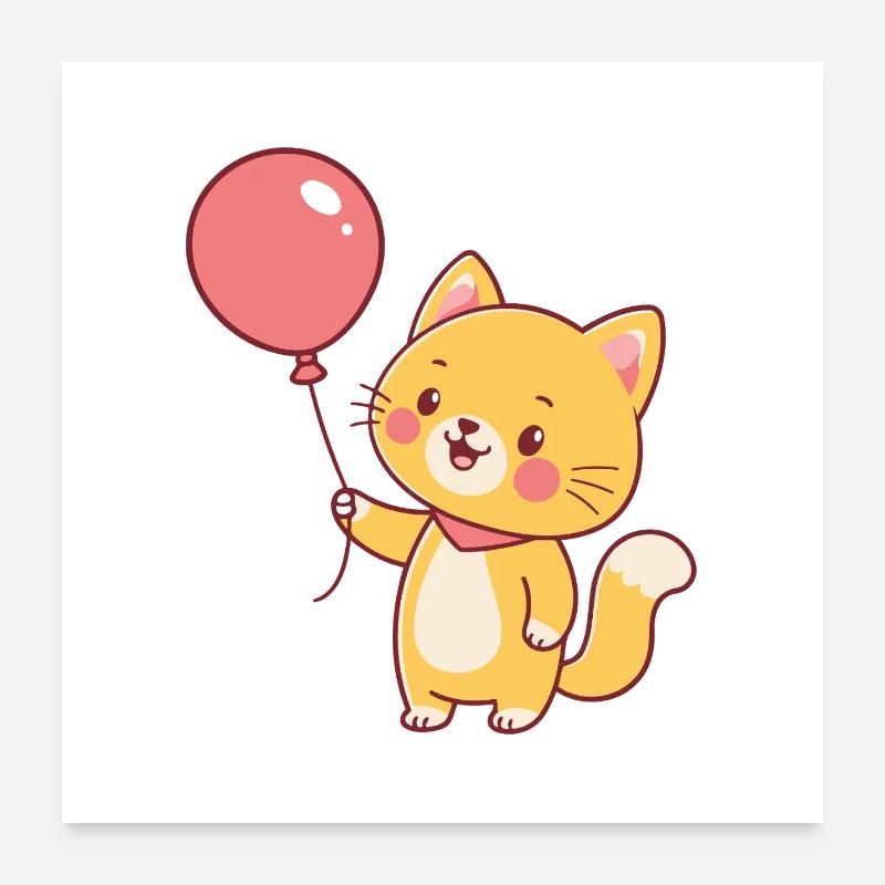 Chat kawaii et ballon rose Poster 60 x 60 cm