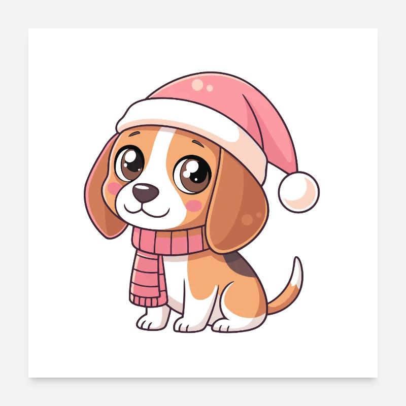 Chiot Noël Rose avec Bonnet et Écharpe Poster 60 x 60 cm