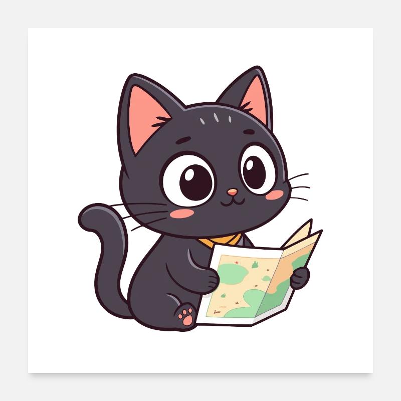 Chat lecteur et carte Poster 60 x 60 cm
