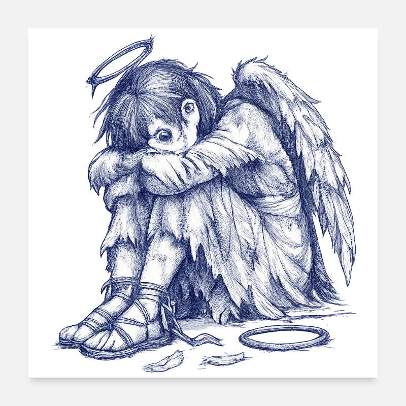 Sad Angel | Hand Painted Drawing Poster 24" x 24" (60x60 cm)