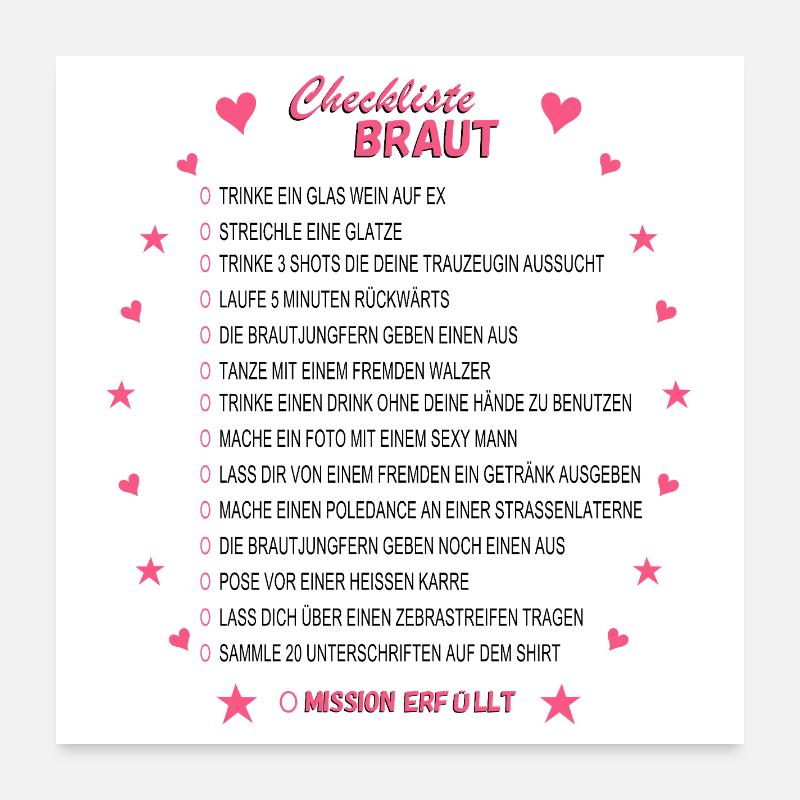 Braut Checkliste Pink - Poster 60x60 cm - Weiß