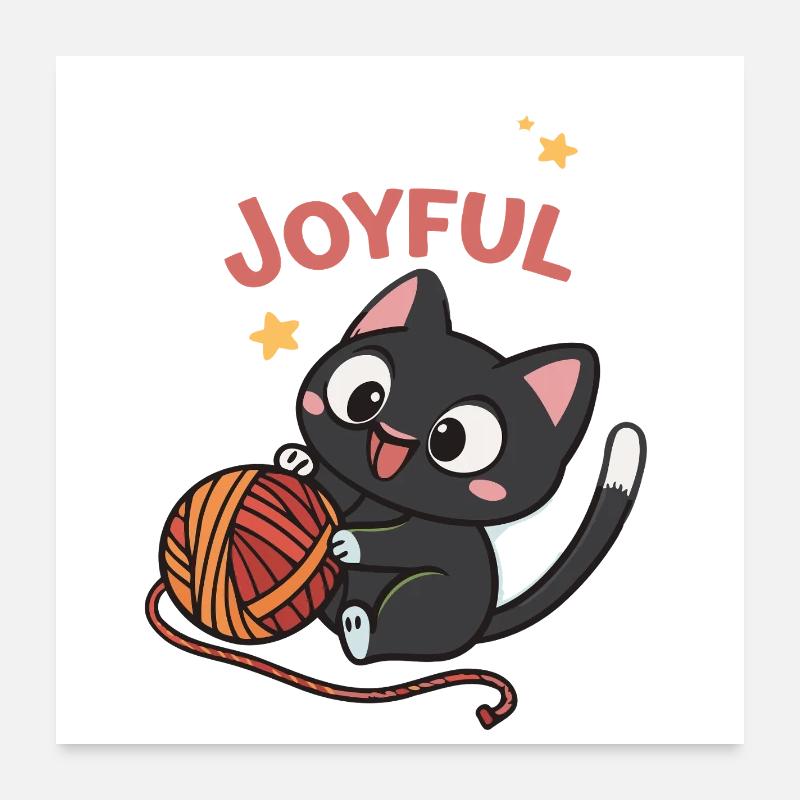 Chat Joyeux et Pelote Kawaii Poster 60 x 60 cm