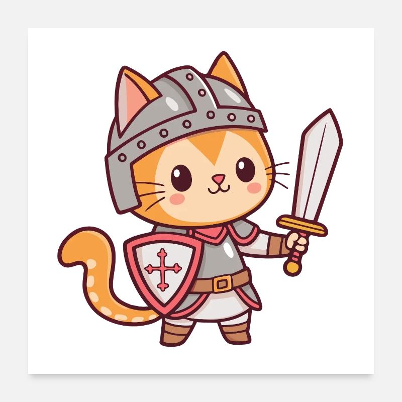 Chat chevalier kawaii avec épée Poster 60 x 60 cm
