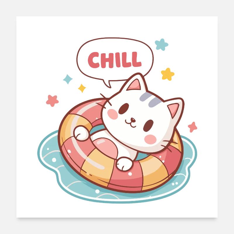 Chat Chill en Bouée Pastel Poster 60 x 60 cm