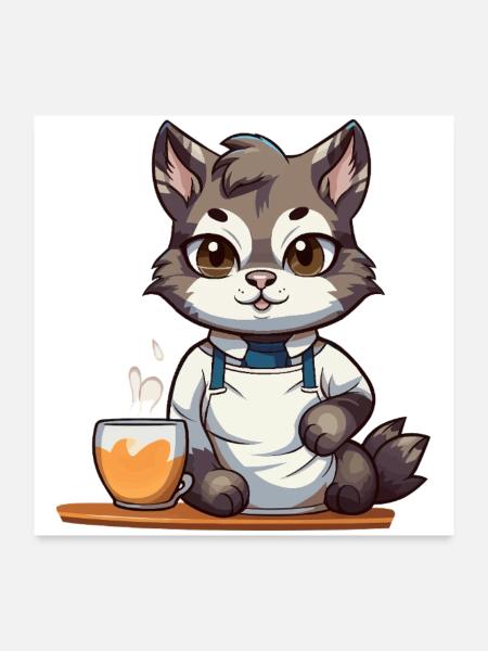 Chaton café en tenue de barista - Poster 60 x 60 cm - blanc - Devant