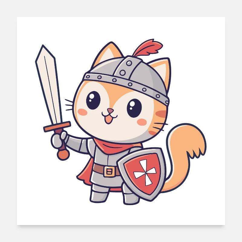 Chat Chevalier Épée et Bouclier Poster 60 x 60 cm