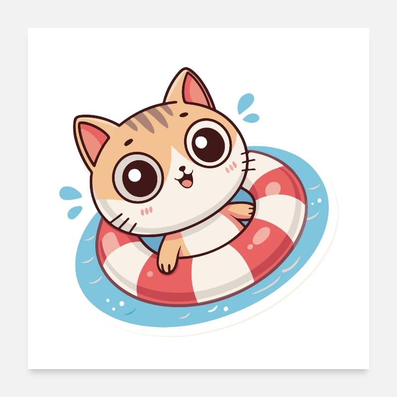 Chat Kawaii Dans Bouée Rouge Poster 60 x 60 cm