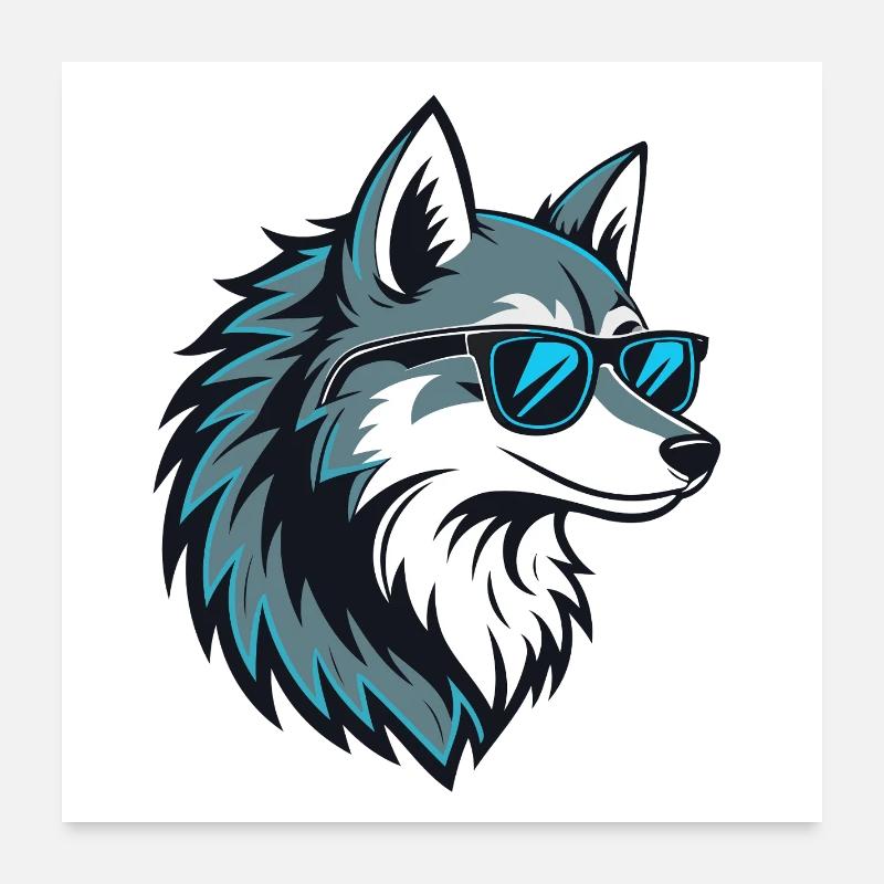 Stylischer Wolf mit blauer Brille Poster 60x60 cm