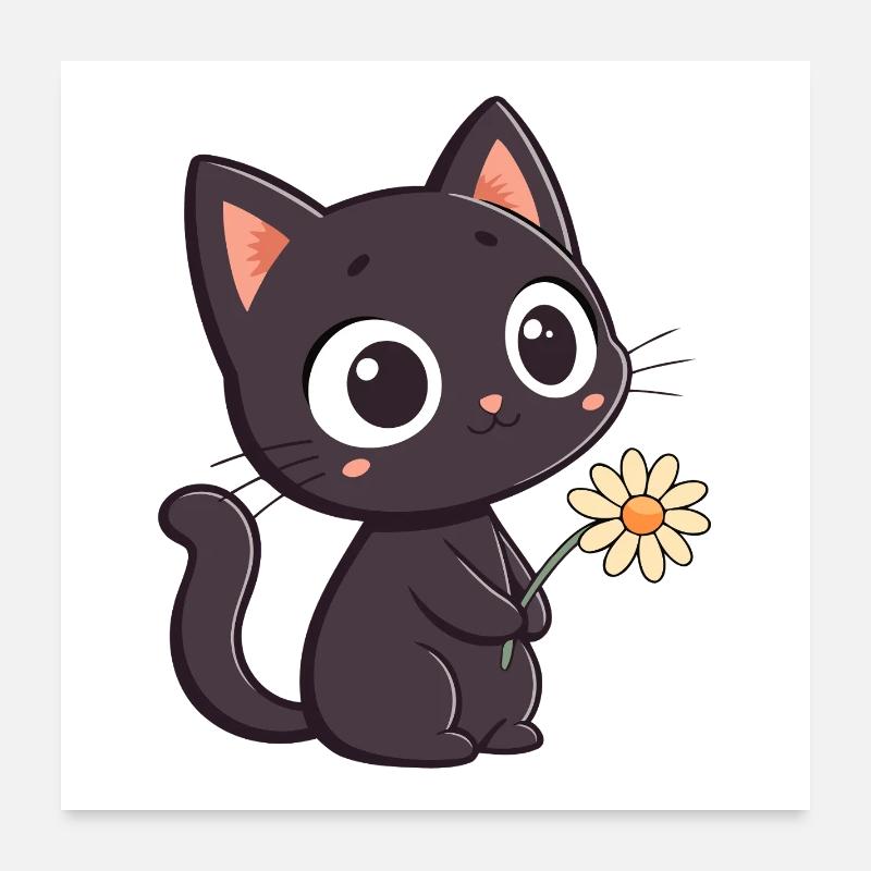 Schwarze Katze und Gänseblümchen Poster 60x60 cm